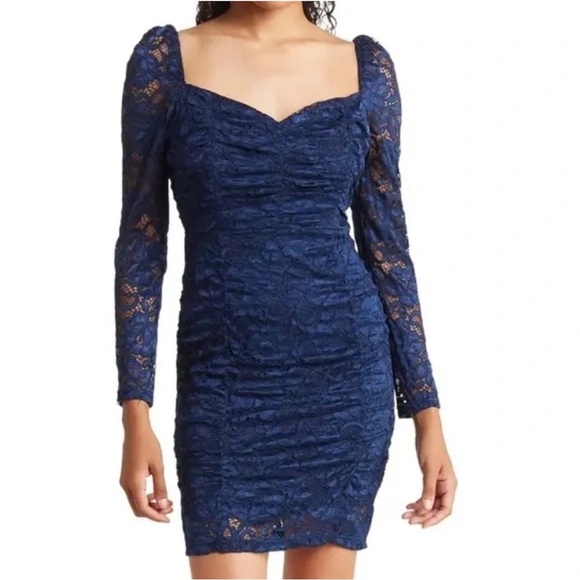 Sam Edelman - Navy Ruched Long Sleeve Lace Dress Size 4 - Picture 1 of 4